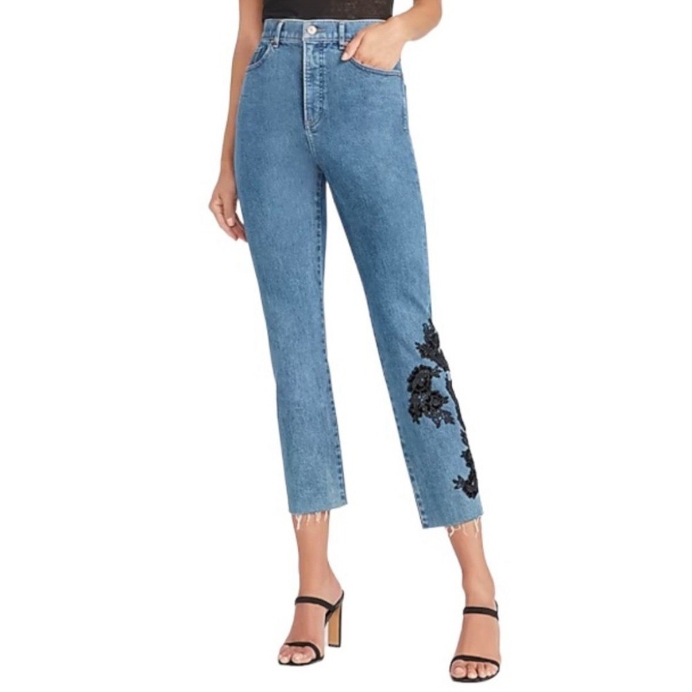 Express Slim Super High Rise Jeans Womens 6R Blue Floral Lace Applique NWT